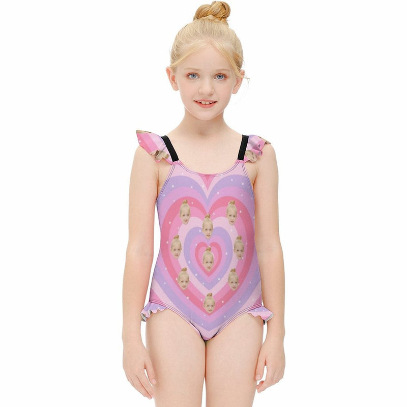 Custom Face Pink Heart Girls' Swimsuit One Piece Swimwear For Kids 6-12years