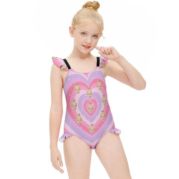 Custom Face Pink Heart Girls' Swimsuit One Piece Swimwear For Kids 6-12years