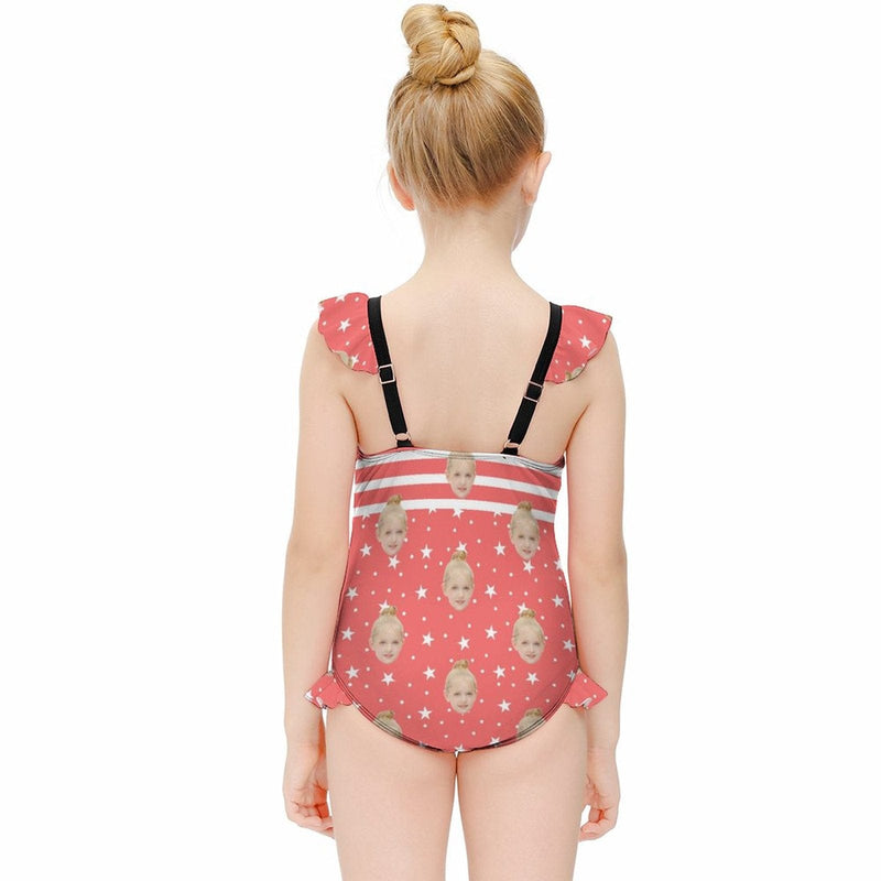 Custom Face Red Stars Girls' Swimsuit One Piece Swimwear For Kids 6-12years