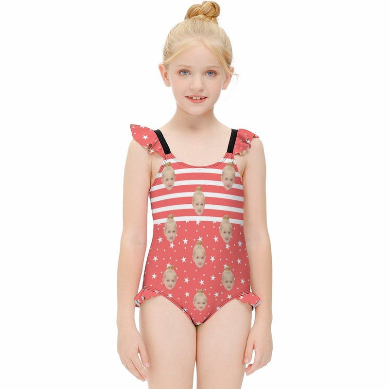 Custom Face Red Stars Girls' Swimsuit One Piece Swimwear For Kids 6-12years