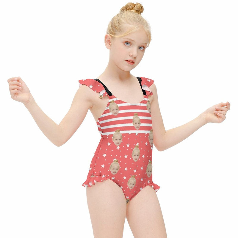 Custom Face Red Stars Girls' Swimsuit One Piece Swimwear For Kids 6-12years