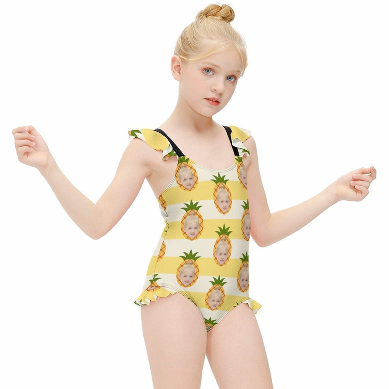 Custom Face Yellow Pineapple Girls' Swimsuit One Piece Swimwear For Kids 6-12years