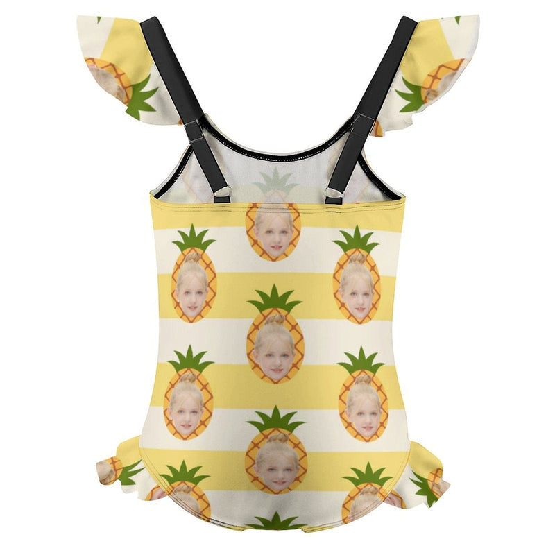 Custom Face Yellow Pineapple Girls' Swimsuit One Piece Swimwear For Kids 6-12years