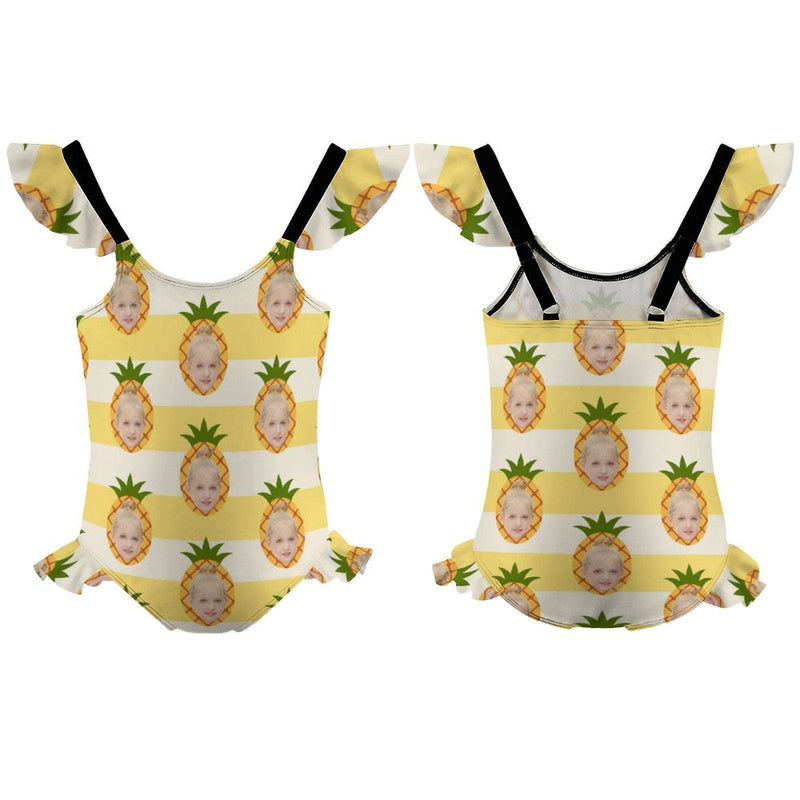 Custom Face Yellow Pineapple Girls' Swimsuit One Piece Swimwear For Kids 6-12years