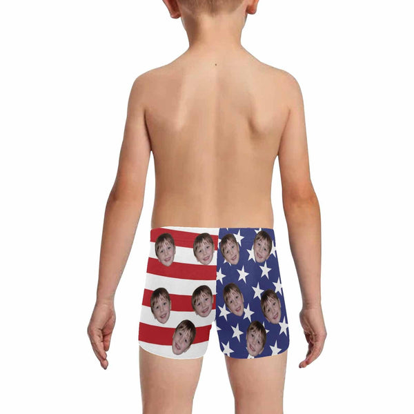 Custom Face American Flag Little Boys' Swimming Trunks Personalized Toddler Boy Swim Shorts Children Swimwear