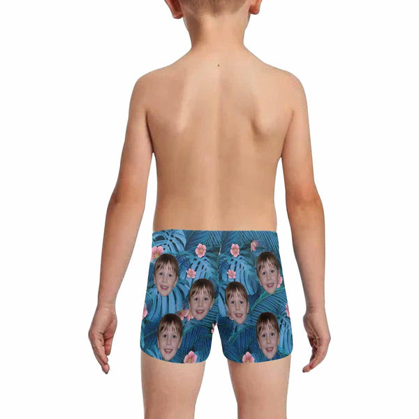 Custom Face Blue Flower Plant Little Boys' Swimming Trunks Beach Shorts Personalized Toddler Boy Swim Shorts Children Swimwear