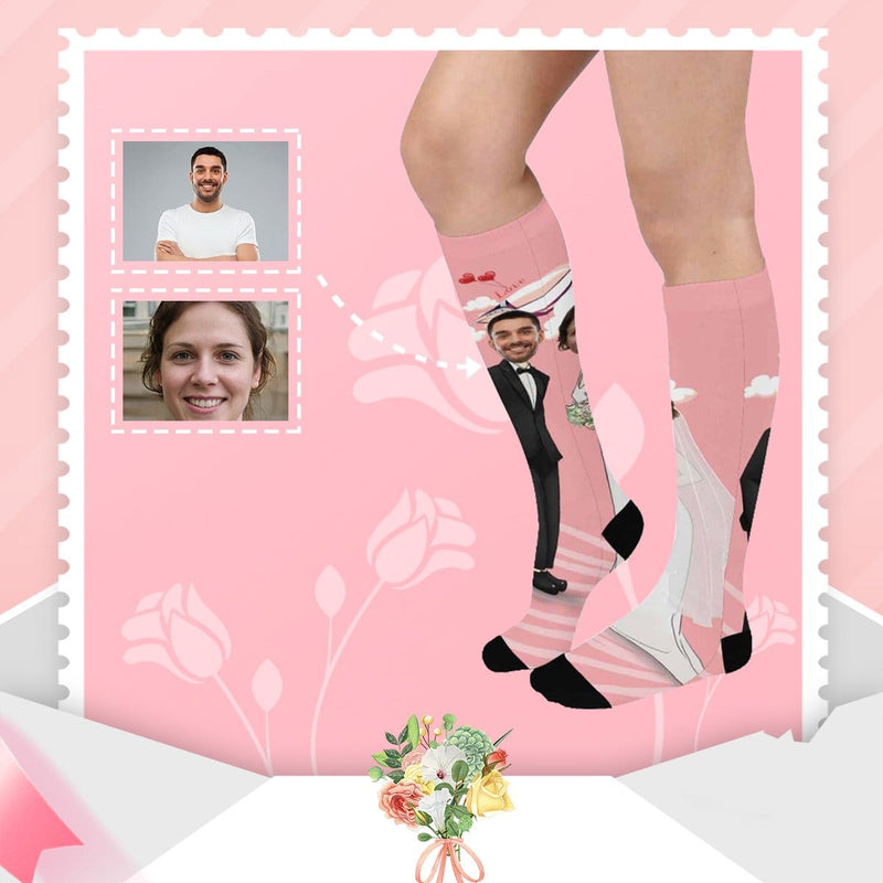 Personalized Socks For Lovers Custom Face Romantic Wedding Photo Knee High Socks