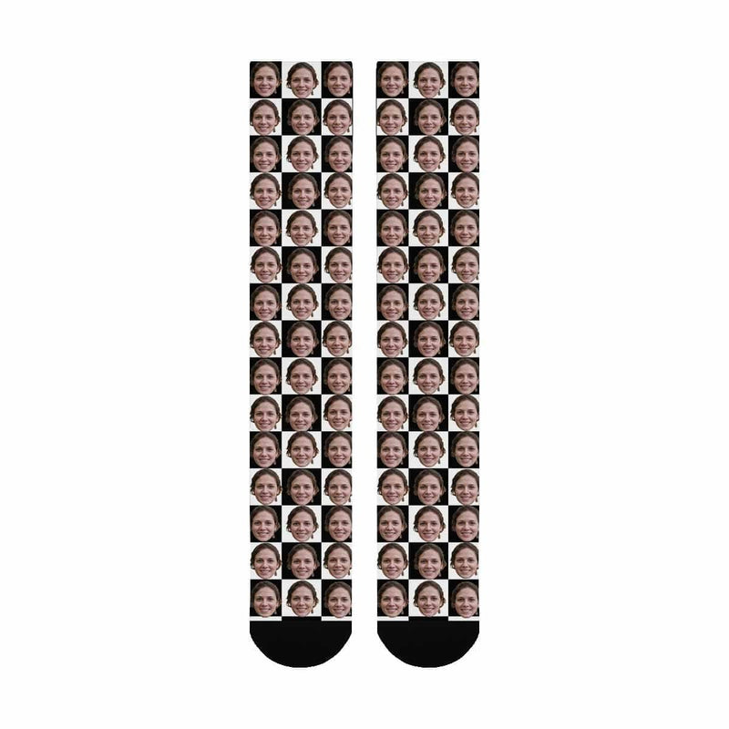 Personalized Socks Knee High Funny Photo Socks Custom Black&White Grid Socks Gift for Men Women