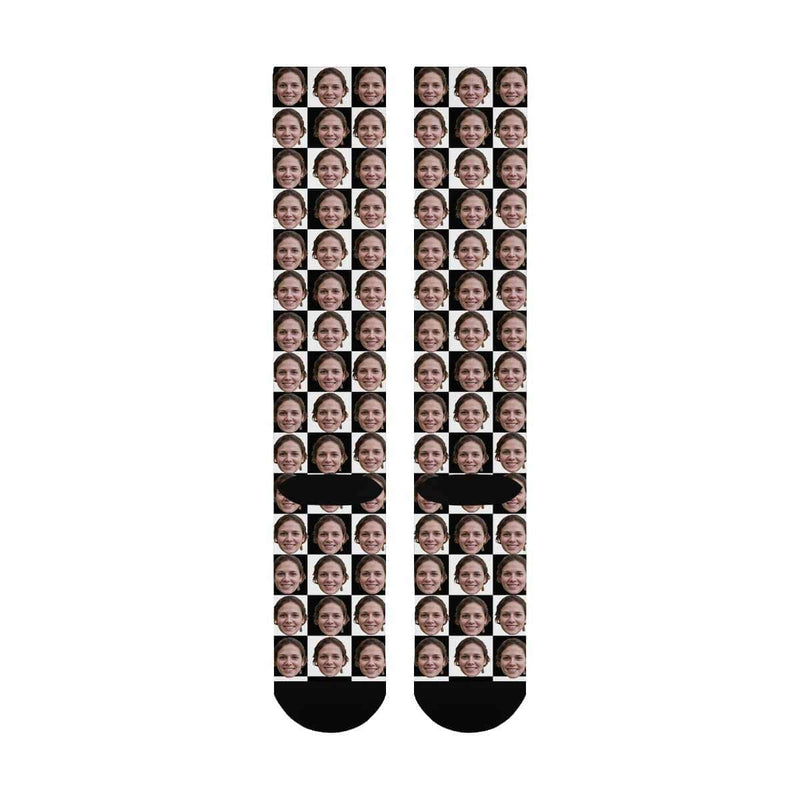 Personalized Socks Knee High Funny Photo Socks Custom Black&White Grid Socks Gift for Men Women