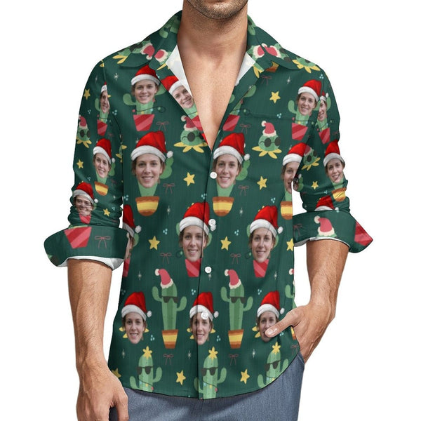 Custom Face Christmas Red Hat Cactus Hawaiian Shirts Men's Long Sleeve Shirt Personalized Face Shirt Gift for Him