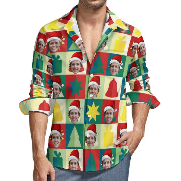 Custom Face Christmas Tree Bell Hawaiian Shirts Men's Long Sleeve Shirt Personalized Face Shirt Gift for Him