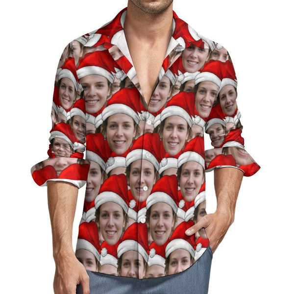 Custom Seamless Face Christmas Hat Hawaiian Shirts Men's Long Sleeve Shirt Personalized Face Shirt Gift for Him