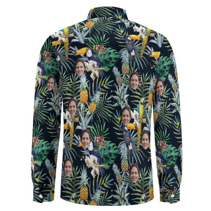 Custom Face Pineapple Parrot Tropical Printing Hawaiian Shirts Men's Long Sleeve Shirt Personalized Face Shirt Gift for Him