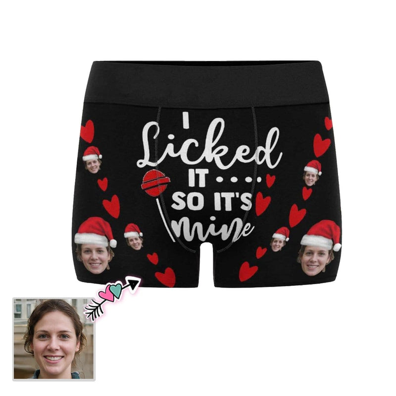 Custom Boxer Briefs with Face I Licked It Christmas Hat Personalized Red Love Heart Boxer Briefs For Valentine's Day Gift