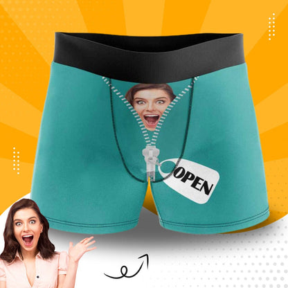 Custom Boxers Personalized Green Underwear with Face Zipper Open Custom Men&