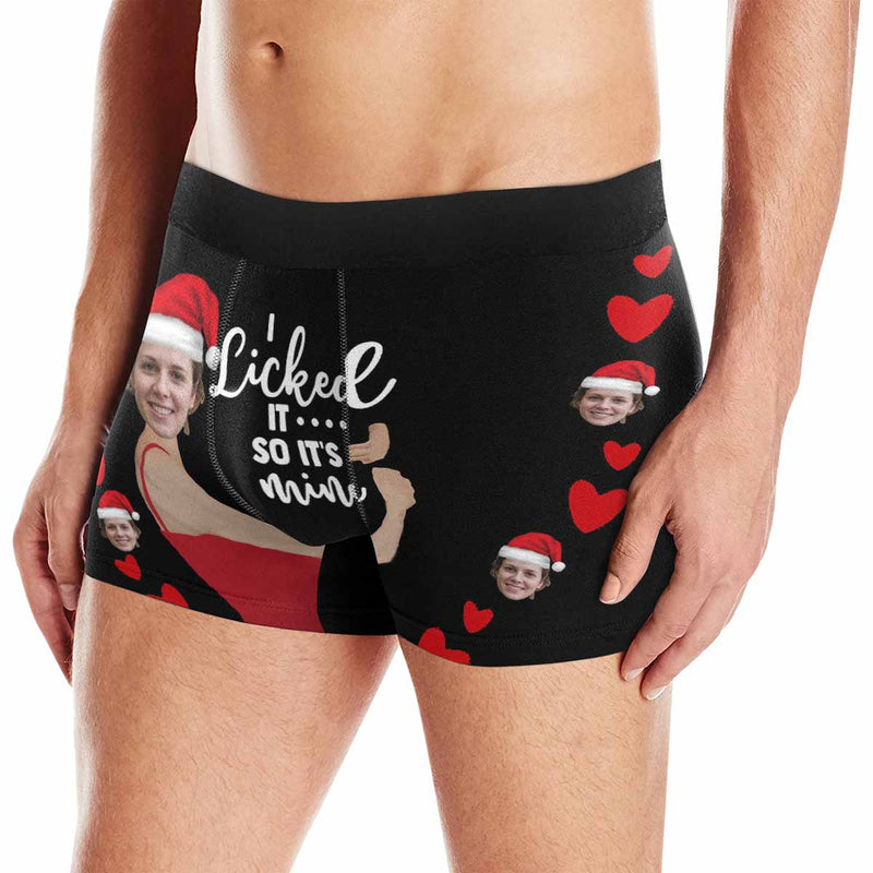 Custom Face Christmas Hat I Licked It Embrace Red Men's All-Over Print Boxer Briefs Unique Underwear For Valentine's Day Gift