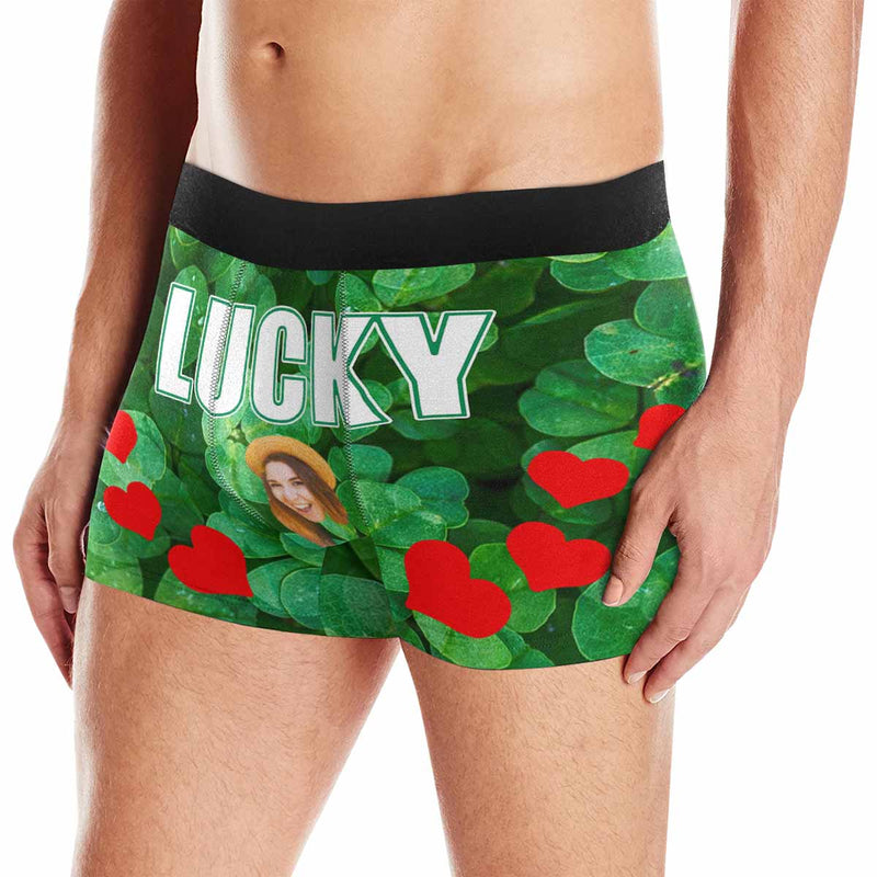 Custom Face Lucky Red Heart Men's Boxer Briefs Put Your Face on Underwear with Custom Image