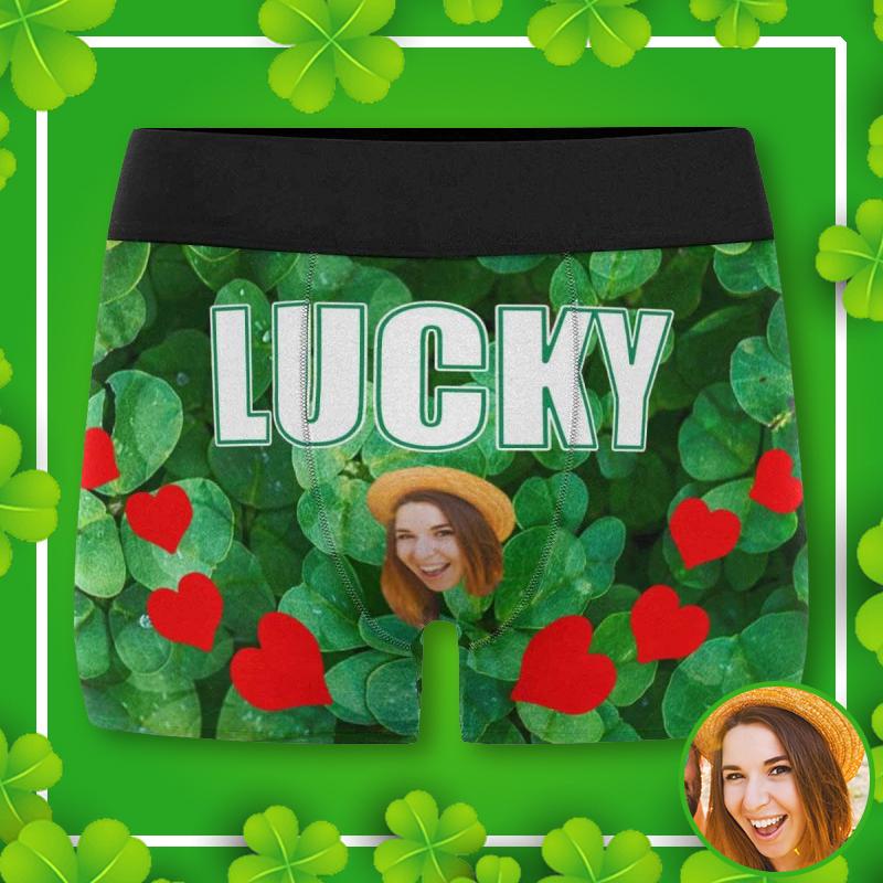 Custom Face Lucky Red Heart Men's Underwear Personalized Boxer Briefs