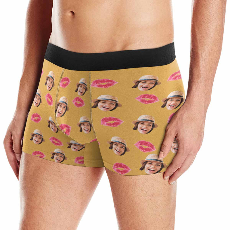 Custom Face Pink Lips Men's Boxer Briefs Put Your Face on Underwear with Custom Image For Valentine's Day Gift