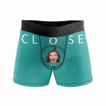 Custom Boxers Personalized Green Underwear with Face Close And Open Tomorrow Custom Men&