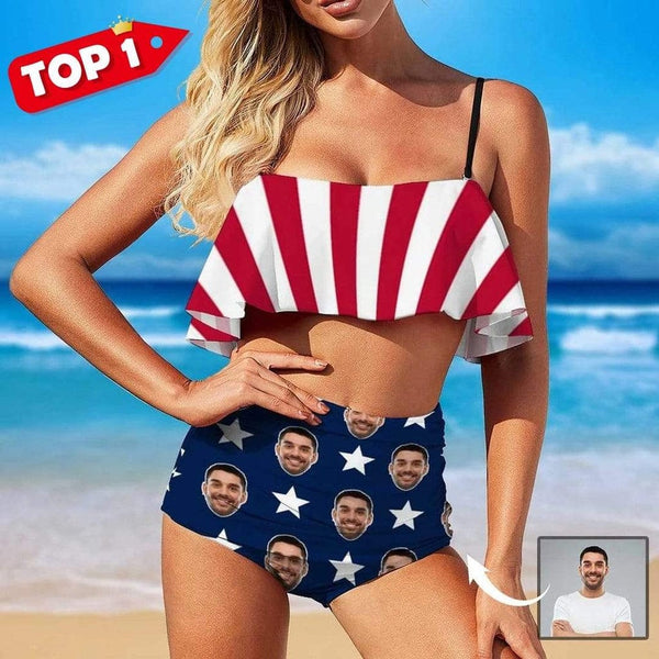 #Small Bust#American Flag Style #Husband/Boyfriend Face On #Celebrate July Fourth - Personalized Face Women's Swimwear Beach Travel Boat Cruise Pool Party Outfits Recommended for Girls With Small Breasts