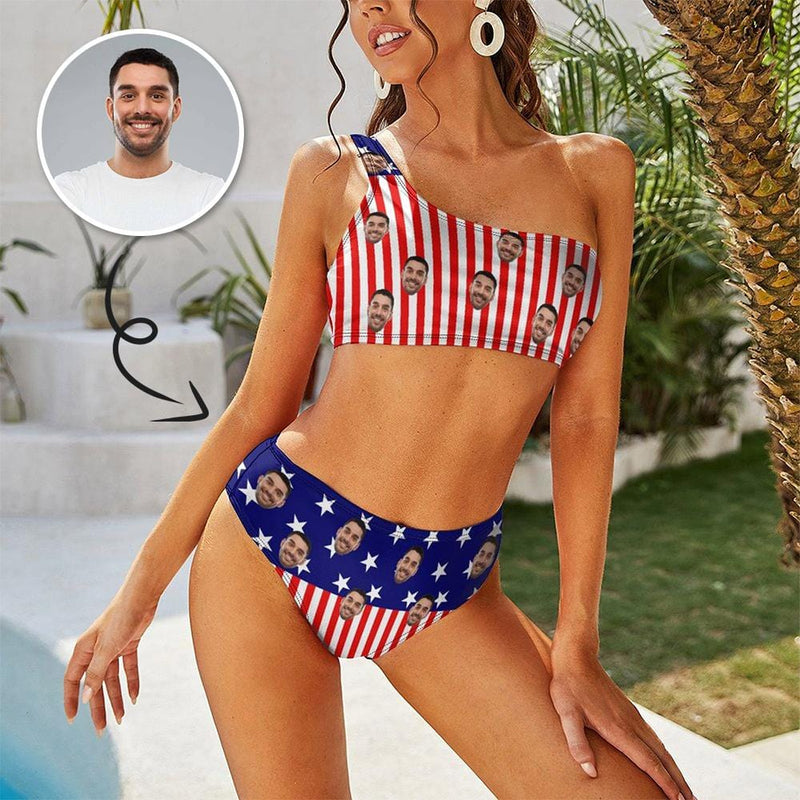 #Small Bust#American Flag Style #Husband/Boyfriend Face On #Celebrate July Fourth - Personalized Face Women's Swimwear Beach Travel Boat Cruise Pool Party Outfits Recommended for Girls With Small Breasts