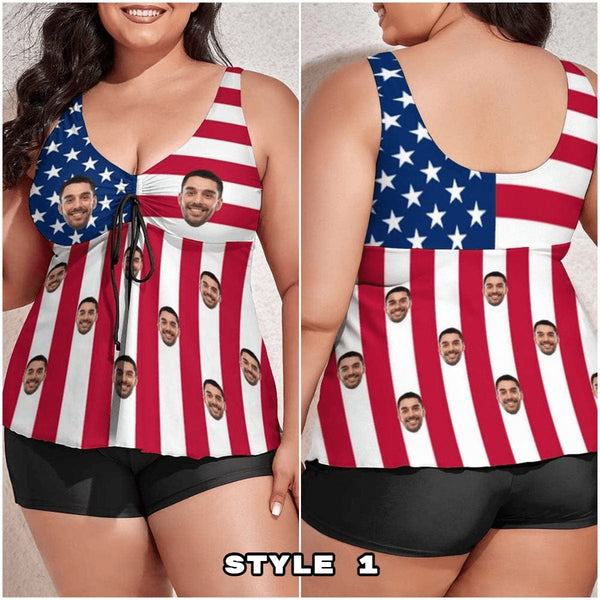 Custom Face American Flag Swimsuit Personalized Women's One Piece Bathing Suit Celebrate Holiday Independence Day Stars Tankini Bathing Suit