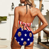 #Independence Day-Custom Face Flag Swimsuit Personalized Women's Backless Bow One Piece Bathing Suit Celebrate Holiday