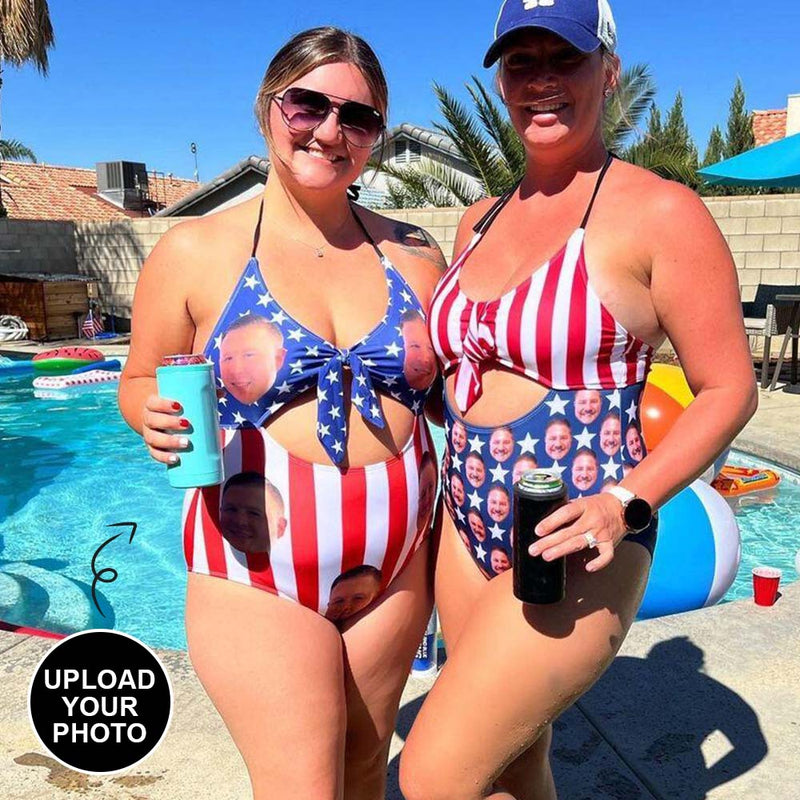 #Independence Day-Custom Face Flag Swimsuit Personalized Women's Backless Bow One Piece Bathing Suit Celebrate Holiday