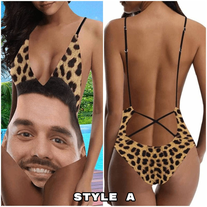 Personalized Leopard Swimsuits Custom Funny Face One Piece Swimsuits Photo Women's  Bathing Swimsuits Gift For Her