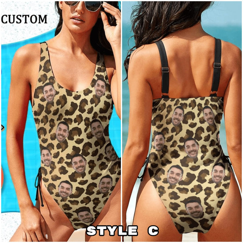 Personalized Leopard Swimsuits Custom Funny Face One Piece Swimsuits Photo Women's  Bathing Swimsuits Gift For Her