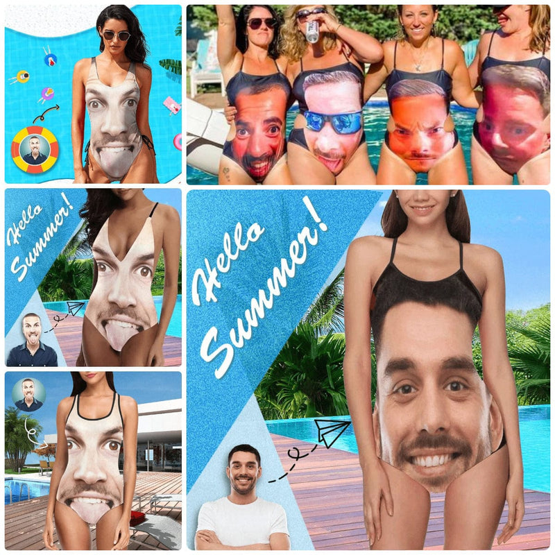 Personalized Tongue Swimsuits Custom Funny Face One Piece Bathing Suit Photo Women's Swimwear Gift For Her