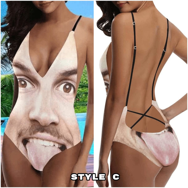 Personalized Tongue Swimsuits Custom Funny Face One Piece Bathing Suit Photo Women's Swimwear Gift For Her