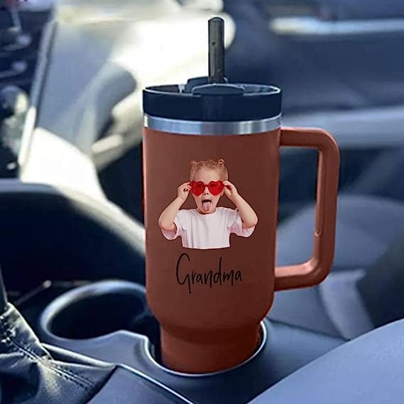 Custom Your Photo &amp; Text Personalized 40oz Stainless Steel Travel Mug with Handle and Straw Lid Large Capacity Car Cup