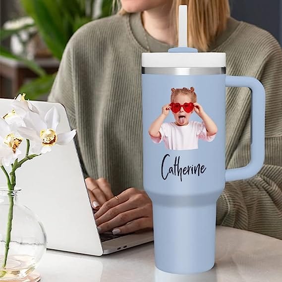 Custom Your Photo &amp; Text Personalized 40oz Stainless Steel Travel Mug with Handle and Straw Lid Large Capacity Car Cup