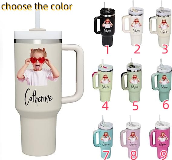 Custom Your Photo &amp; Text Personalized 40oz Stainless Steel Travel Mug with Handle and Straw Lid Large Capacity Car Cup