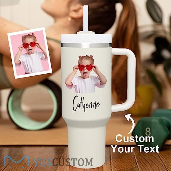 Custom Your Photo &amp; Text Personalized 40oz Stainless Steel Travel Mug with Handle and Straw Lid Large Capacity Car Cup