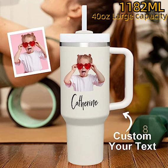 Custom Your Photo &amp; Text Personalized 40oz Stainless Steel Travel Mug with Handle and Straw Lid Large Capacity Car Cup