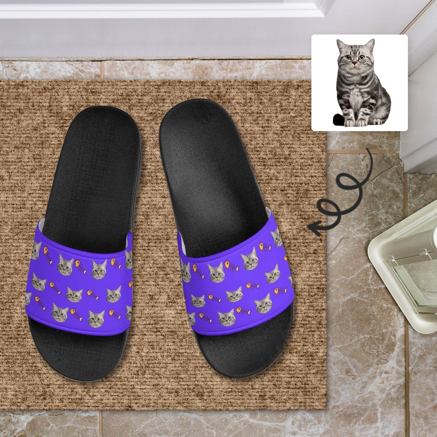 Personalized Cat Face Slippers Home Shoes Custom Cats &amp; Fish Bone Slide Sandals