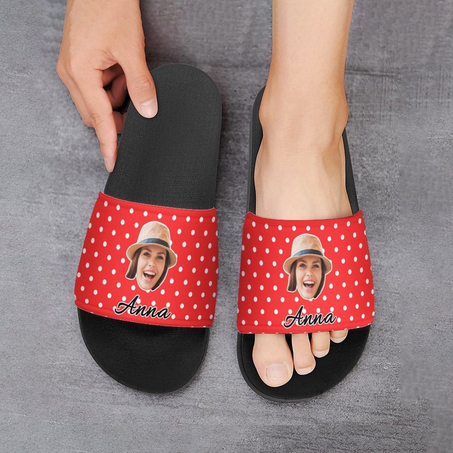 Personalized Red Polka Dots Slippers Home Shoes Custom Face Slide Sandals