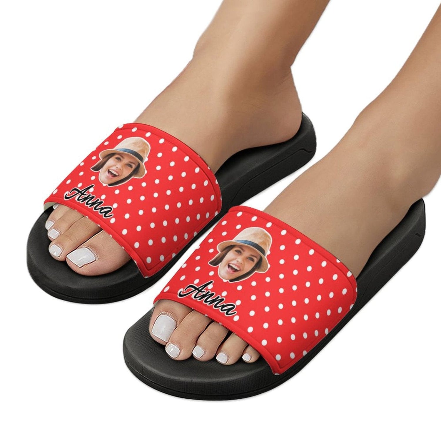 Personalized Red Polka Dots Slippers Home Shoes Custom Face Slide Sandals