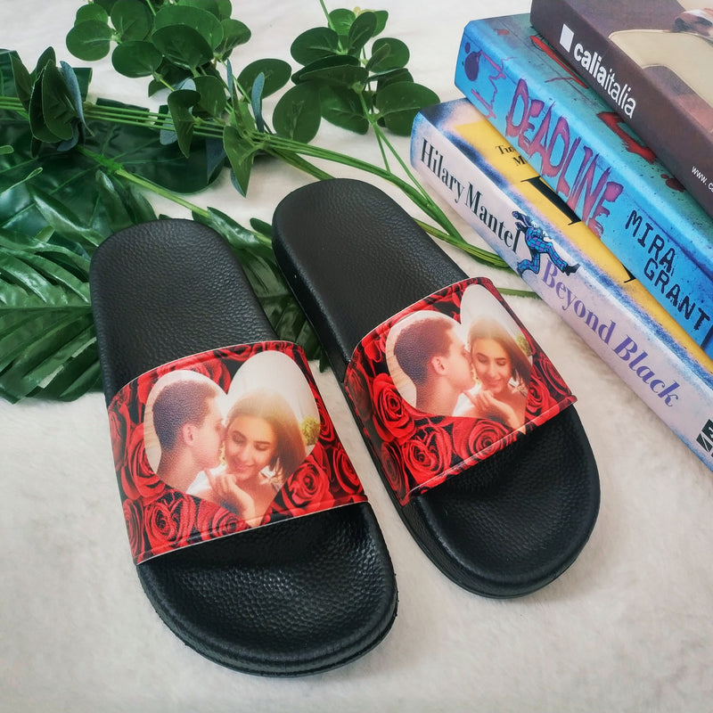 Custom Photo Loving Couple Red Rose Men's Slide Sandals