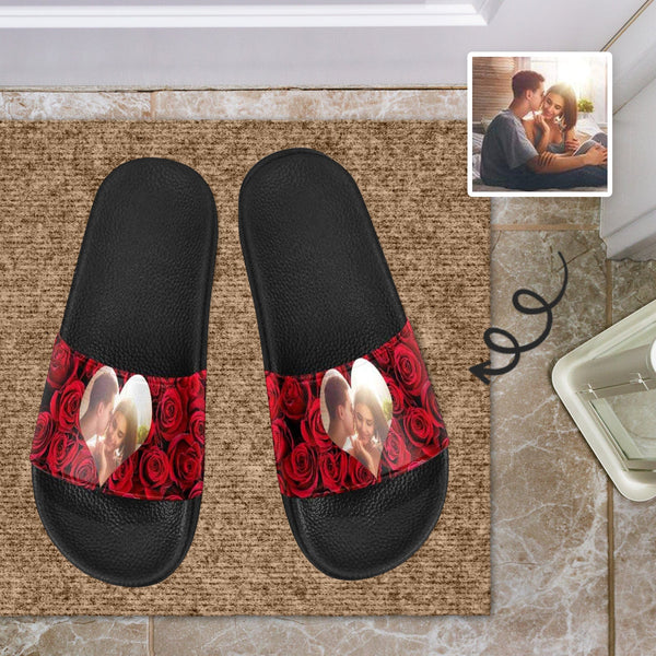 Custom Photo Loving Couple Red Rose Men's Slide Sandals