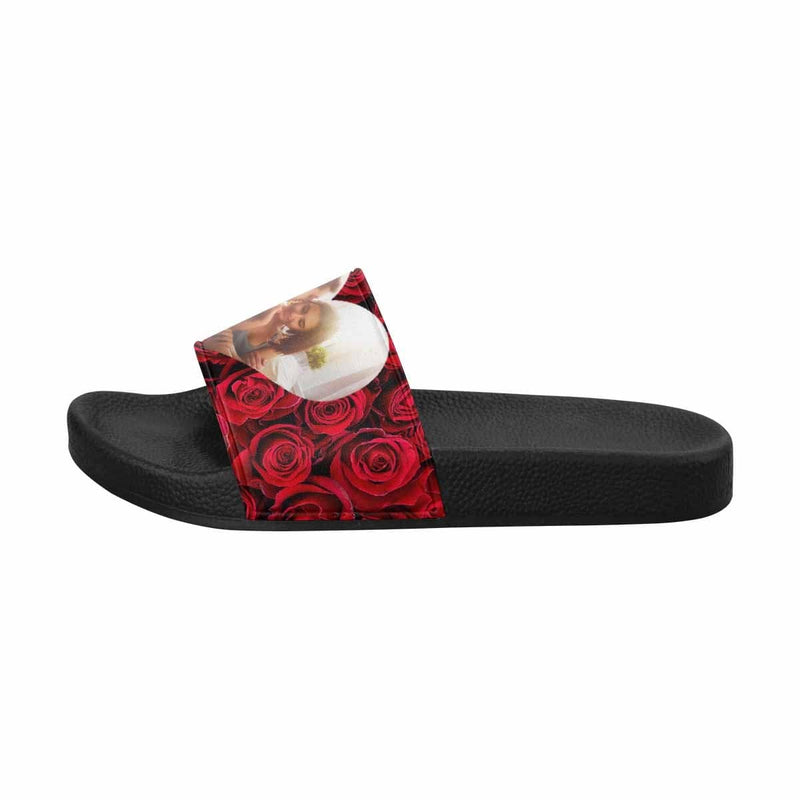 Custom Photo Loving Couple Red Rose Men's Slide Sandals