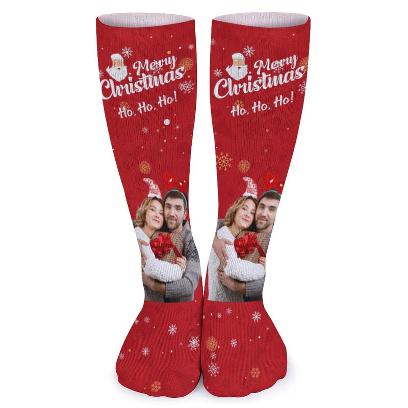 Custom Photo Couple Red Background Sublimated Crew Socks Personalized Funny Photo Socks Gift for Christmas