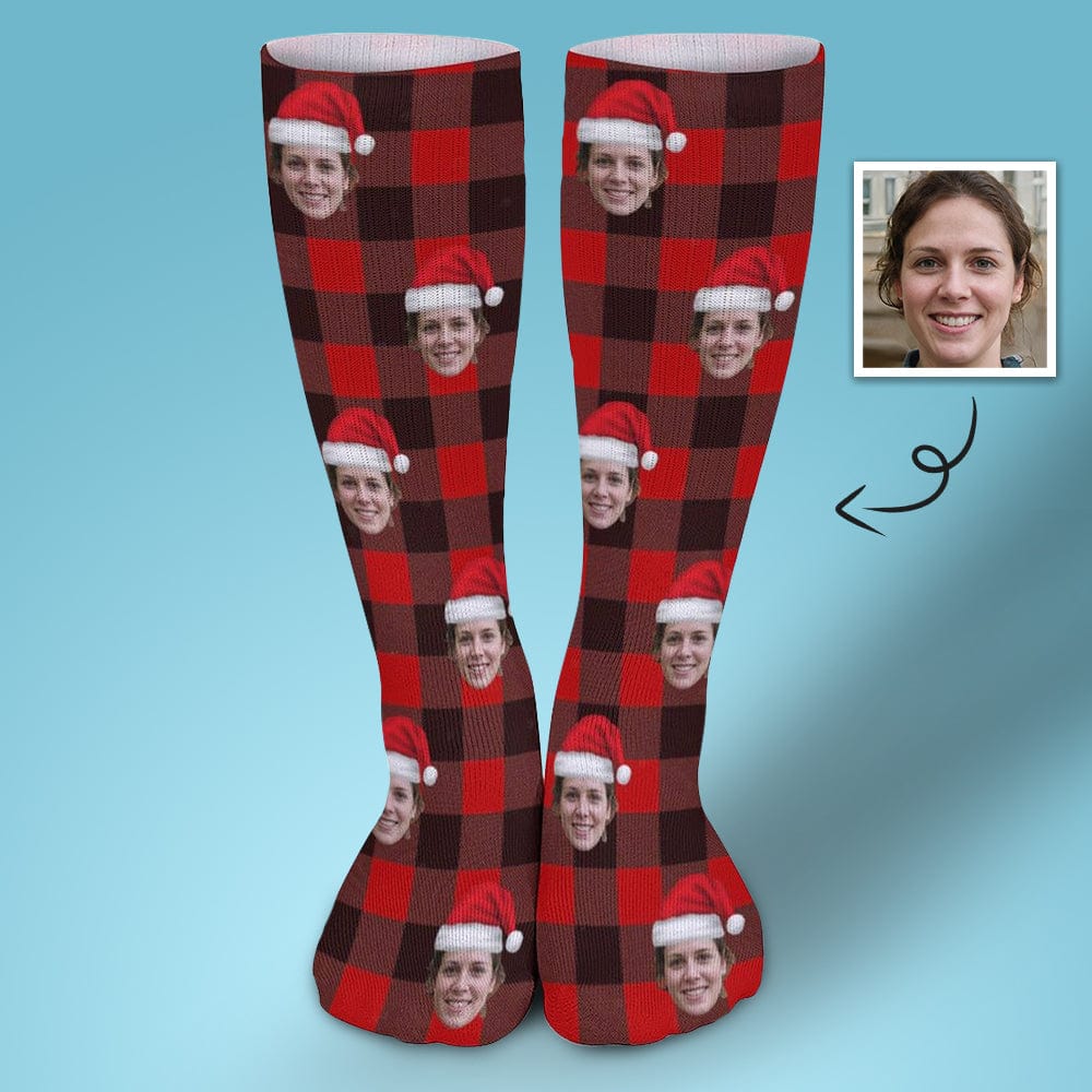 Custom Christmas Face Socks Red Plaid Personalised Face Crew Socks