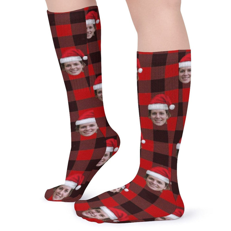 Custom Christmas Face Socks Red Plaid Personalised Face Printed on Socks Sublimated Crew Socks Christmas Gifts