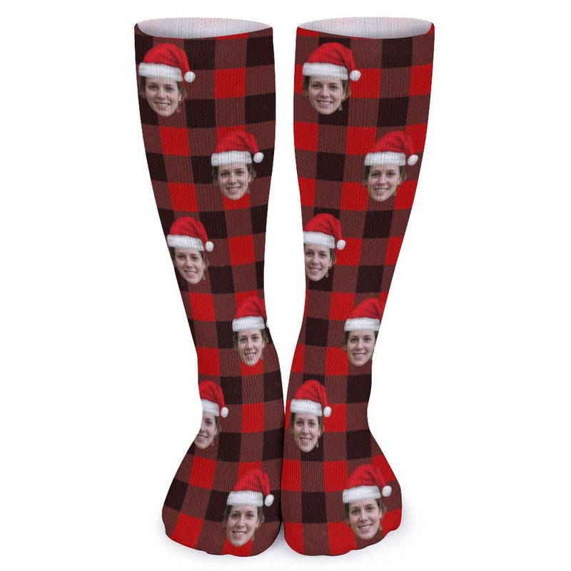 Custom Christmas Face Socks Red Plaid Personalised Face Printed on Socks Sublimated Crew Socks Christmas Gifts