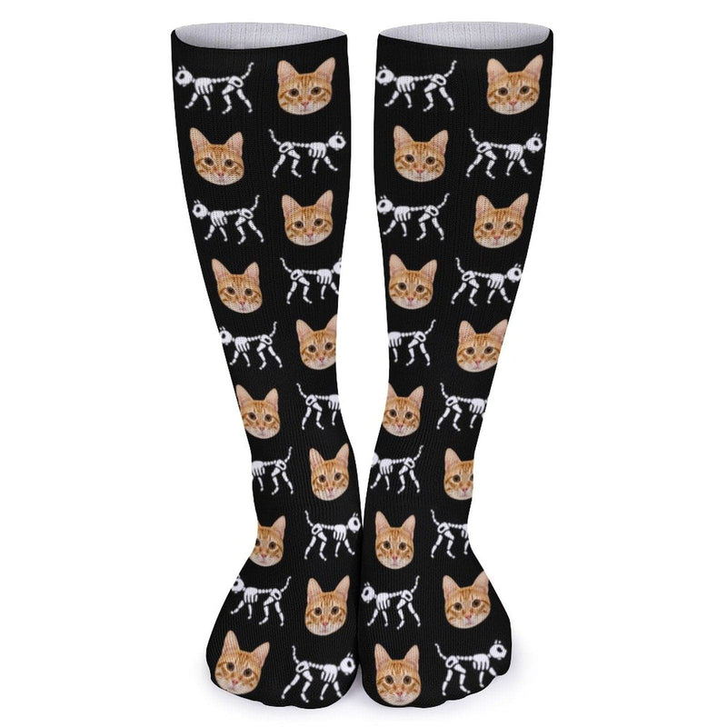 Custom Cat Face Sublimated Crew Socks Skeleton Socks Personalized Funny Photo Socks Gift for Halloween