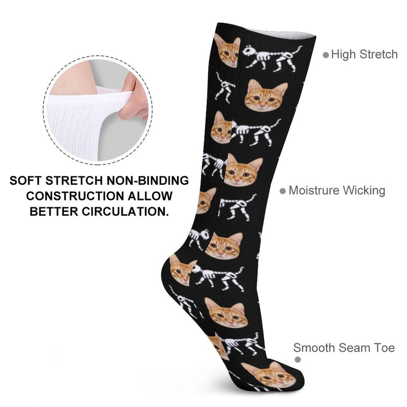 Custom Cat Face Sublimated Crew Socks Skeleton Socks Personalized Funny Photo Socks Gift for Halloween